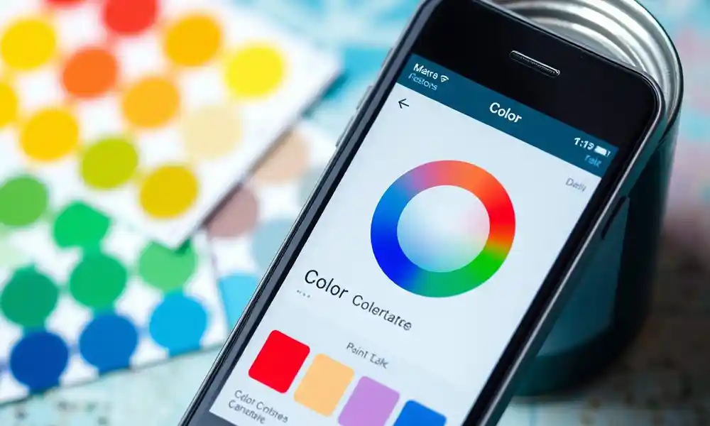 A smartphone screen shows a color wheel for matching paint color with phone, alongside a paint can and a colorful palette