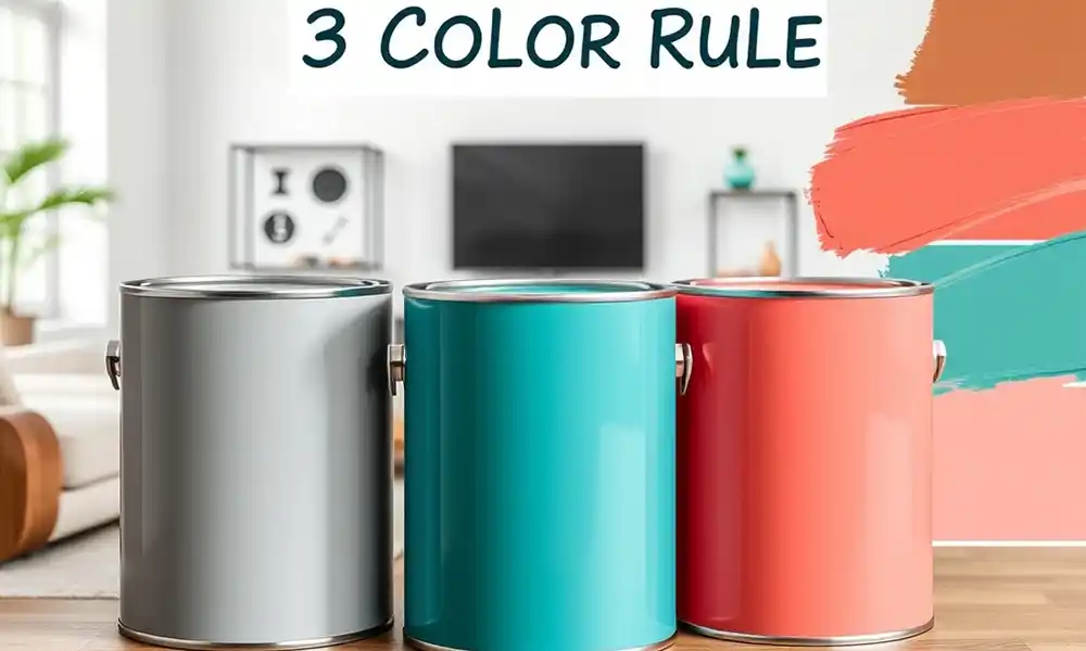 Three cans of custom mixed spray paint in soft beige, bold teal, and vibrant coral, set in a modern living room showcasing the 60/30/10 color rule