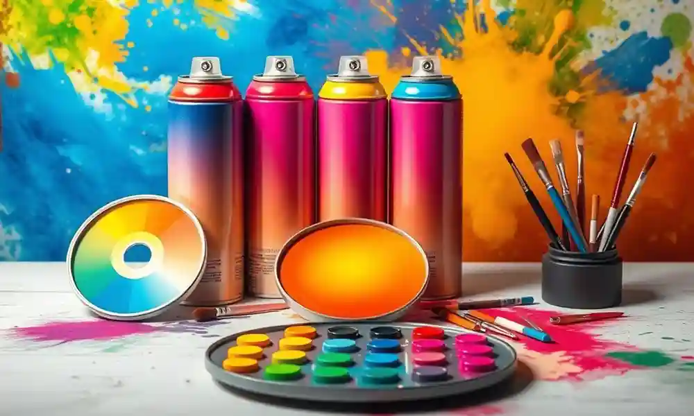 Four cans of custom mixed spray paint in bright colors, alongside a color wheel and a palette of vibrant paints, set against a backdrop of colorful paint splashes.