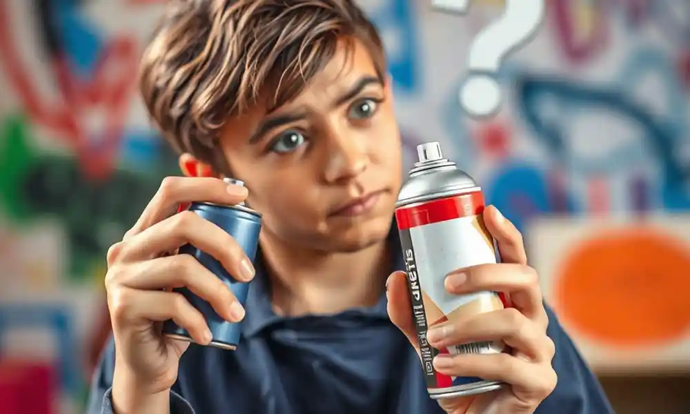 A young boy holds two spray paint cans, one red and one silver, with a puzzled expression, pondering "What is inside the spray paint can?" A question mark floats above him, set against a colorful graffiti backdrop